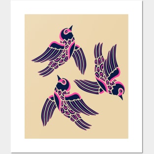 BIRDS FLYING HIGHER Cute Aspirational Hopeful Birds Nature Wildlife in Fuchsia Pink Cream Dark Blue - UnBlink Studio by Jackie Tahara Posters and Art